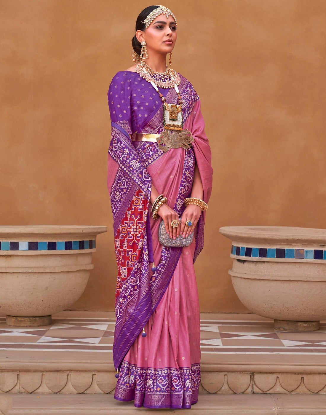 Rose Pink Patola Silk Woven Saree | Leemboodi