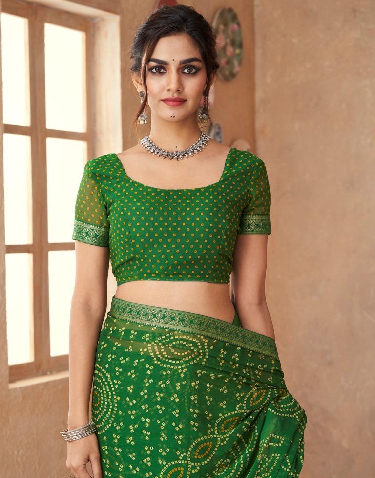 Green Printed Chiffon Bandhani Saree | Leemboodi