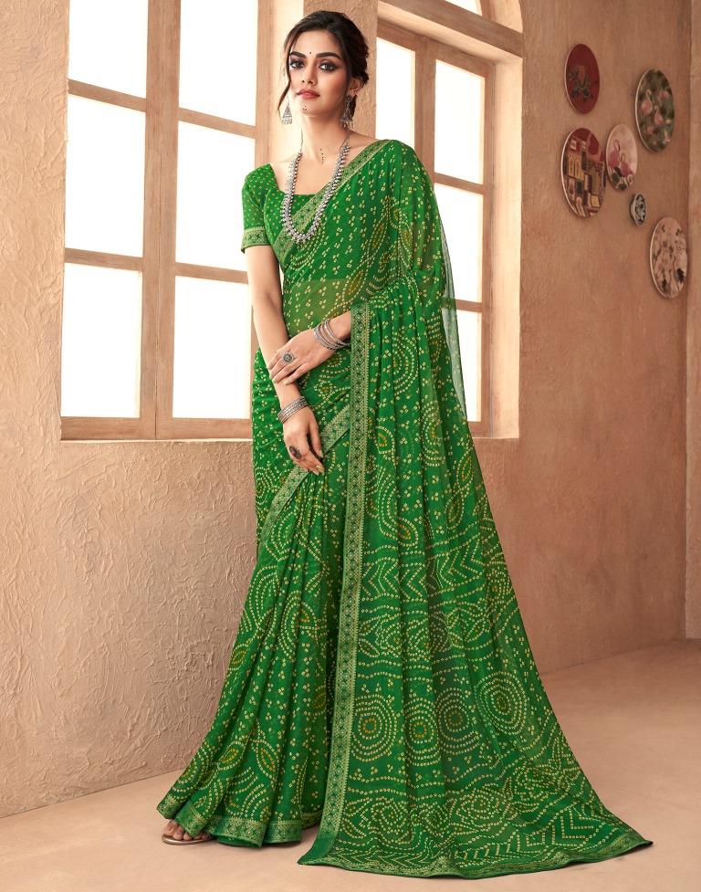 Green Printed Chiffon Bandhani Saree | Leemboodi