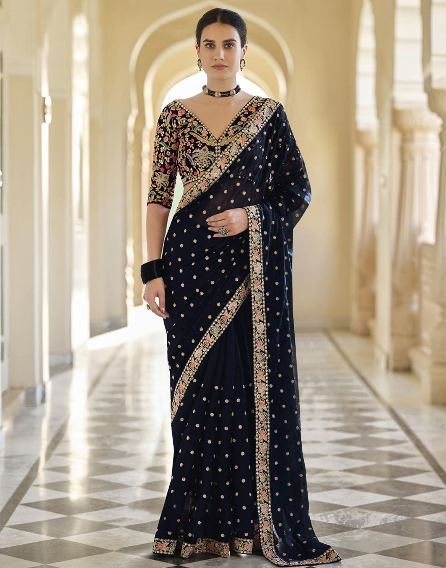 Black blouse with on sale navy blue saree