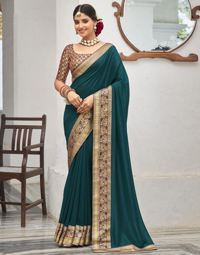 Teal Color Jimi Silk Plain Saree - Clothsvilla