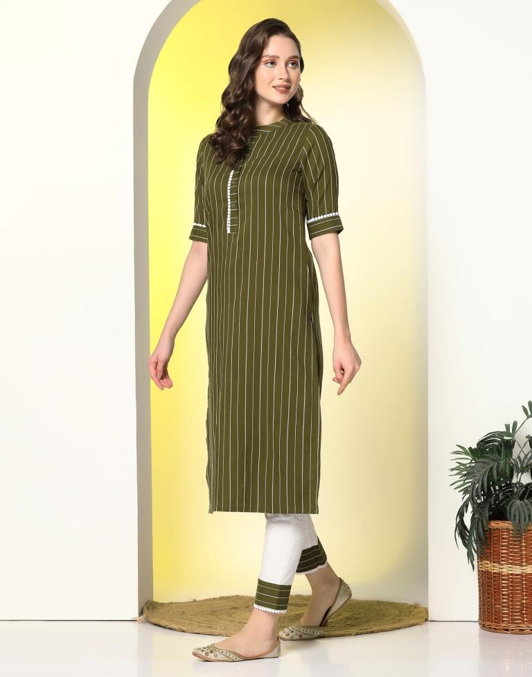 Olive Green Cotton Kurta With Pant And Dupatta