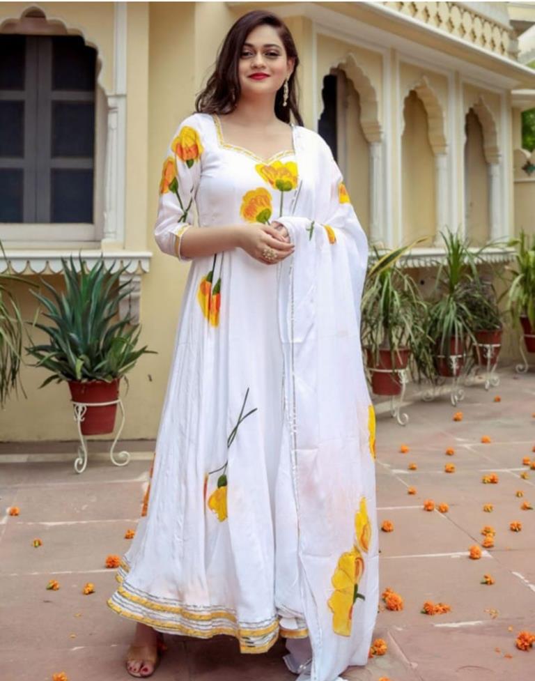 White Printed Silk Gown Kurta With Pant And Dupatta