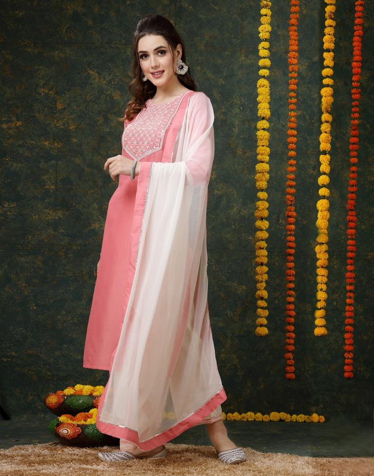 Light Pink Chinnon Embroidery Straight Kurta With Pant And Dupatta