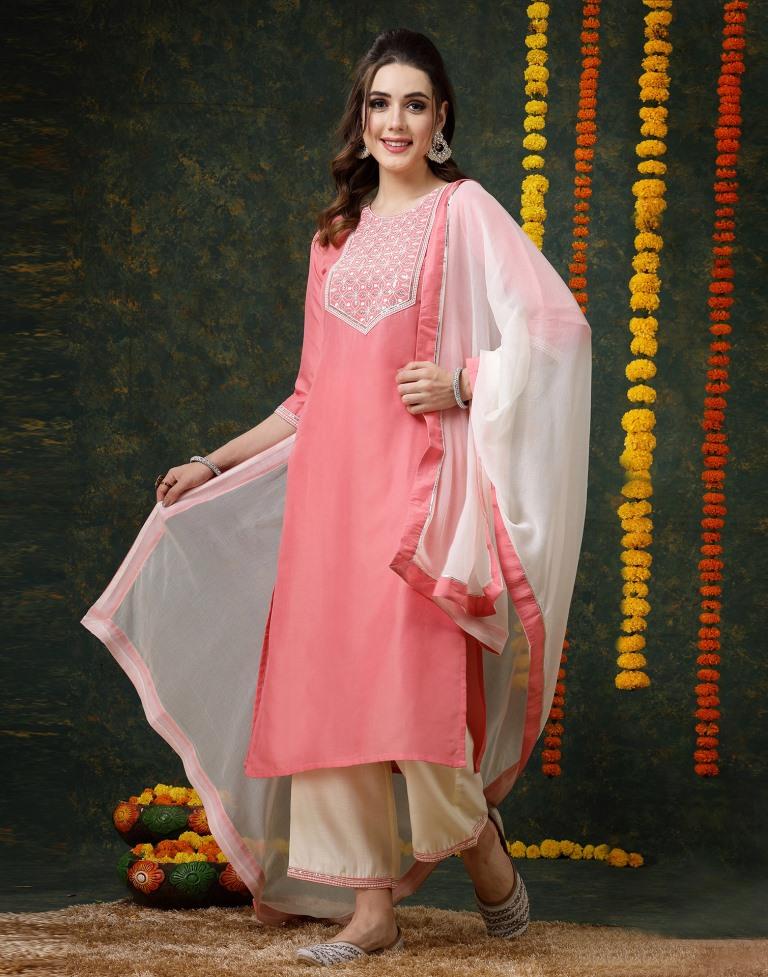 Light Pink Chinnon Embroidery Straight Kurta With Pant And Dupatta