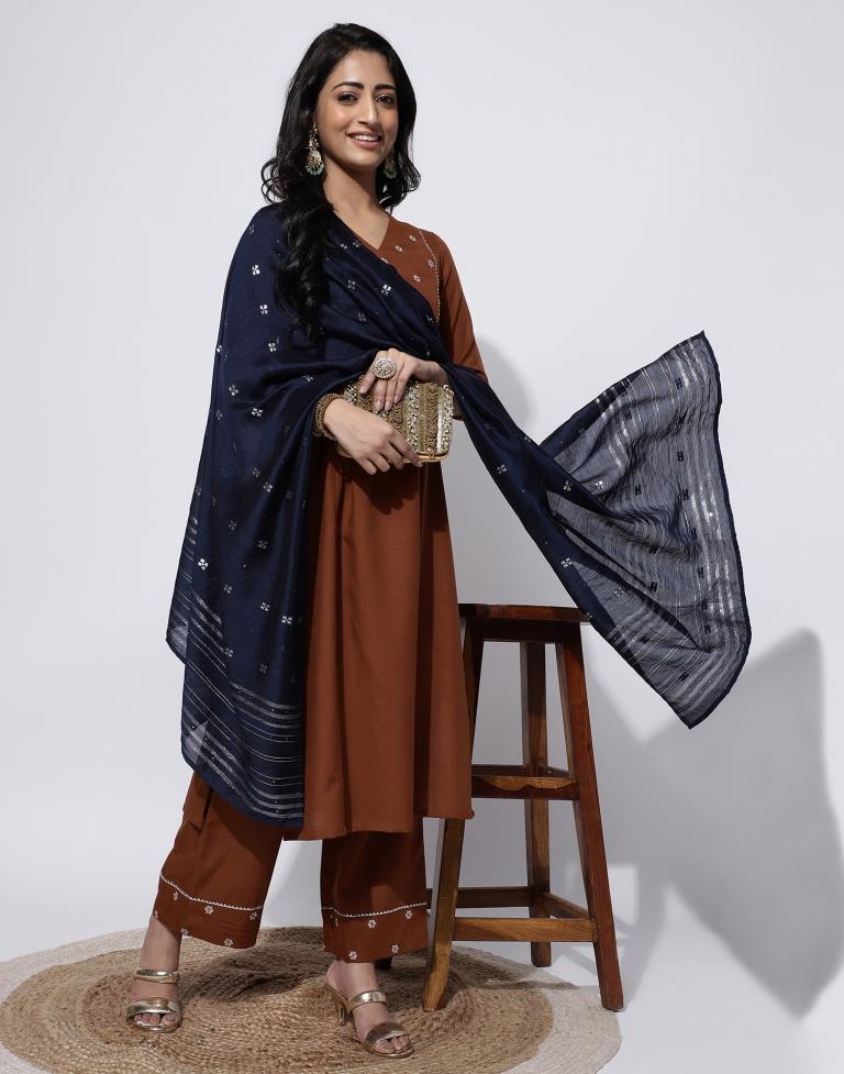 Brown - Hand Embroidered Khaki Cotton Long Straight Kurta
