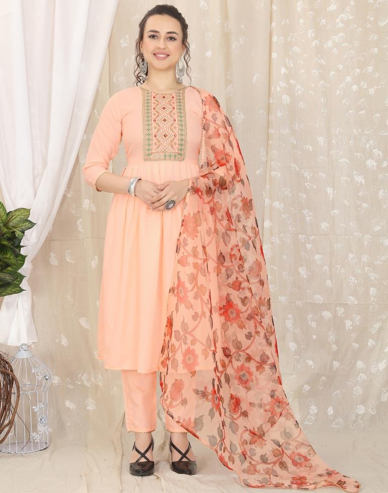 Peach Cotton Straight Kurta pant Suit and cute flowers embroidery dupatta -  VJV Now - India