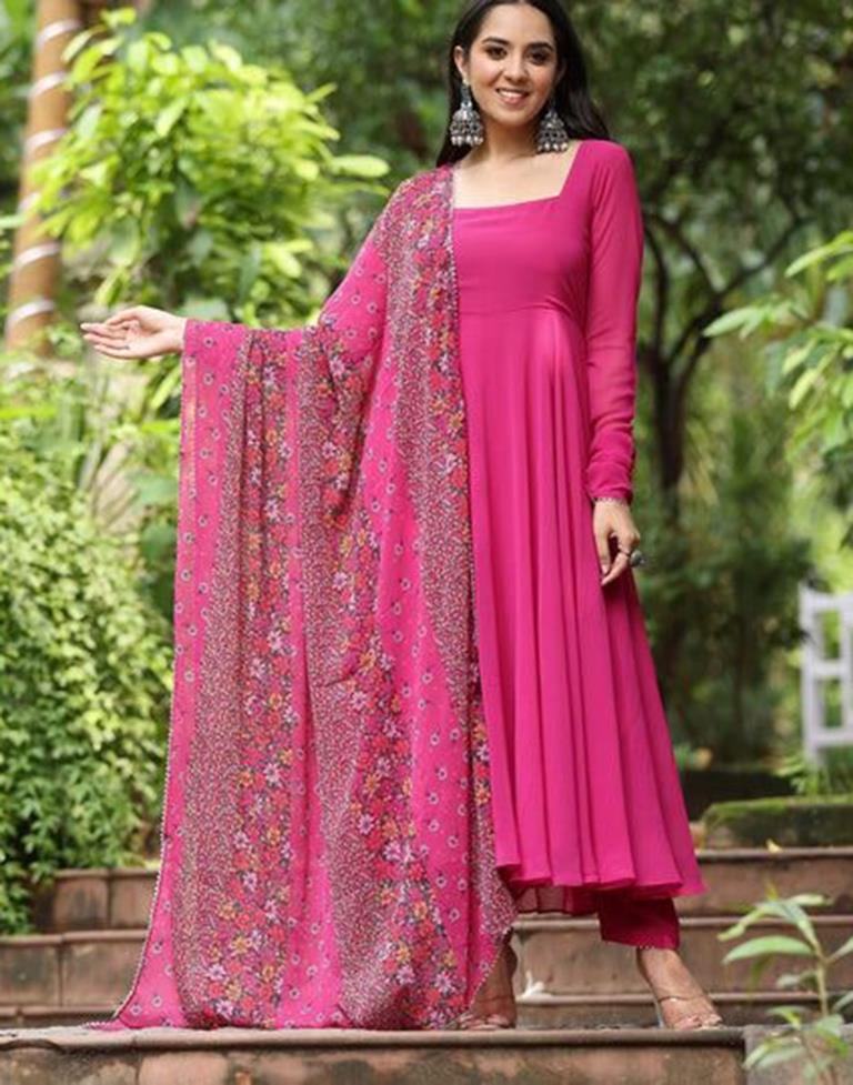 Women Pink & White Georgette Floral Printed Kurta