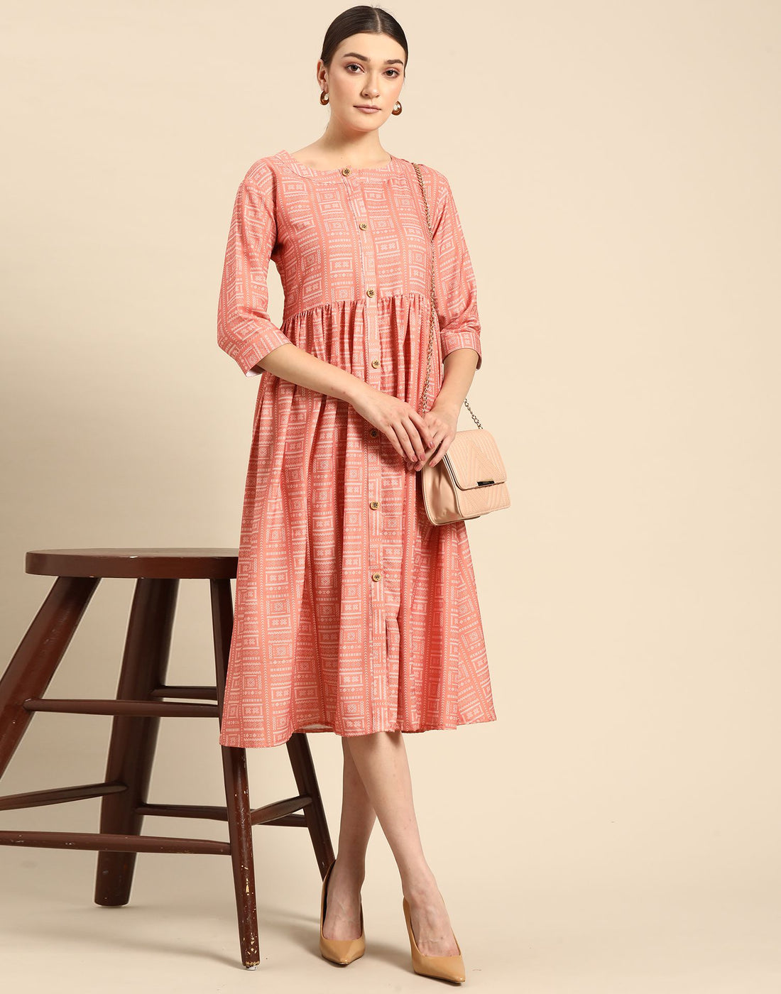 Peach Printed Rayon Flared Dress | Leemboodi