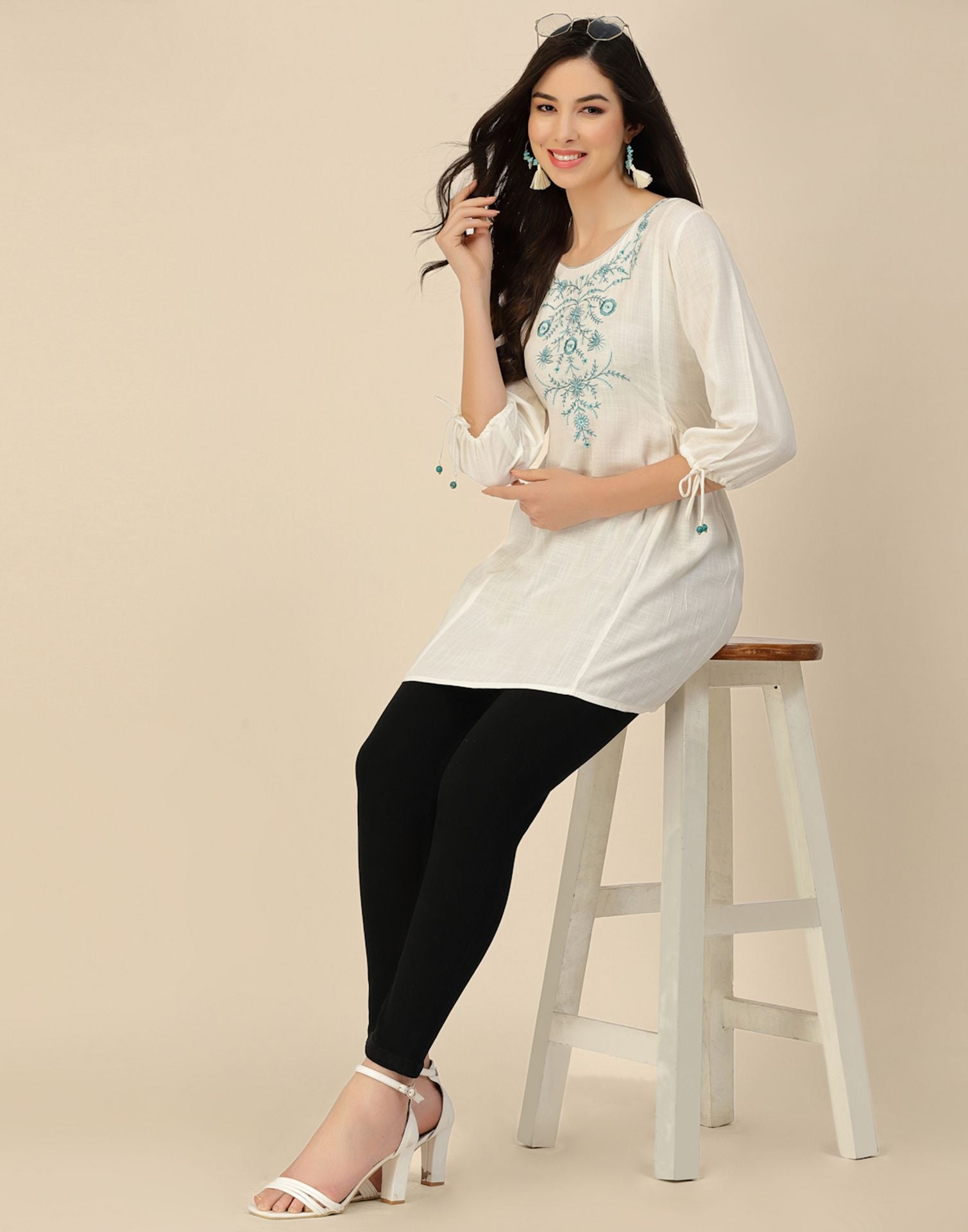 White Rayon Embroidery Tunic Short Kurta – Leemboodi
