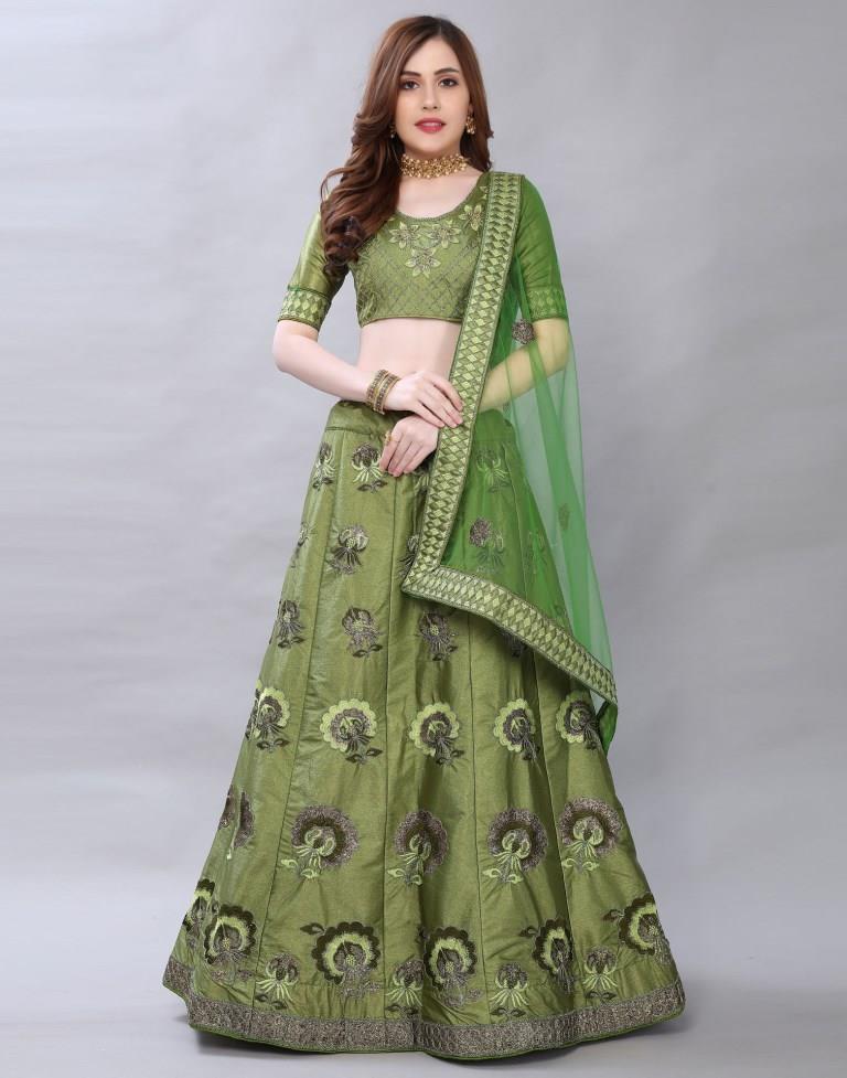 Bottle Green Coloured Poly Silk Embroidered Partywear Lehenga