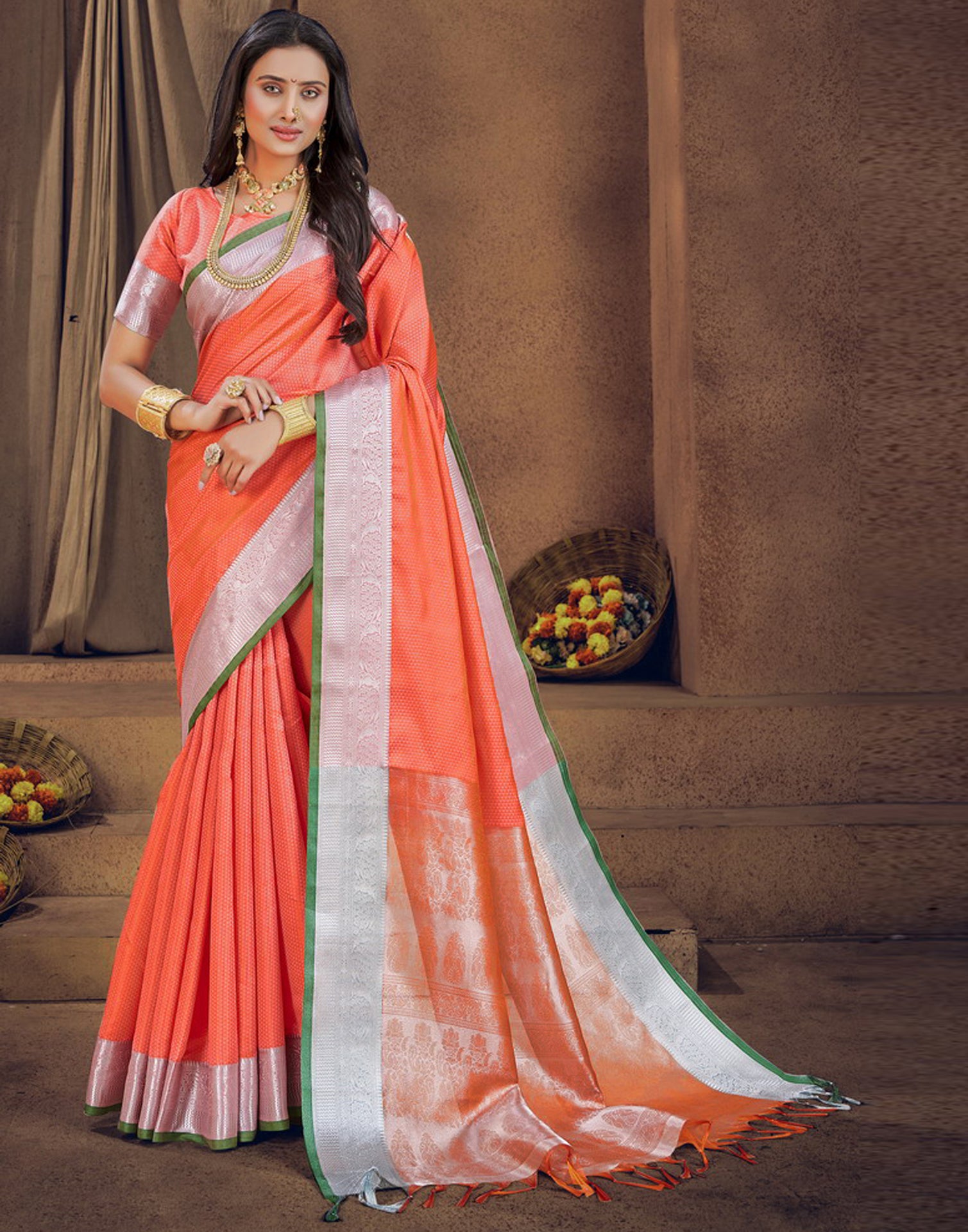 Gajari Peach Woven Satin Silk Saree With Contrast Brocade Blouse – Zari  Banaras
