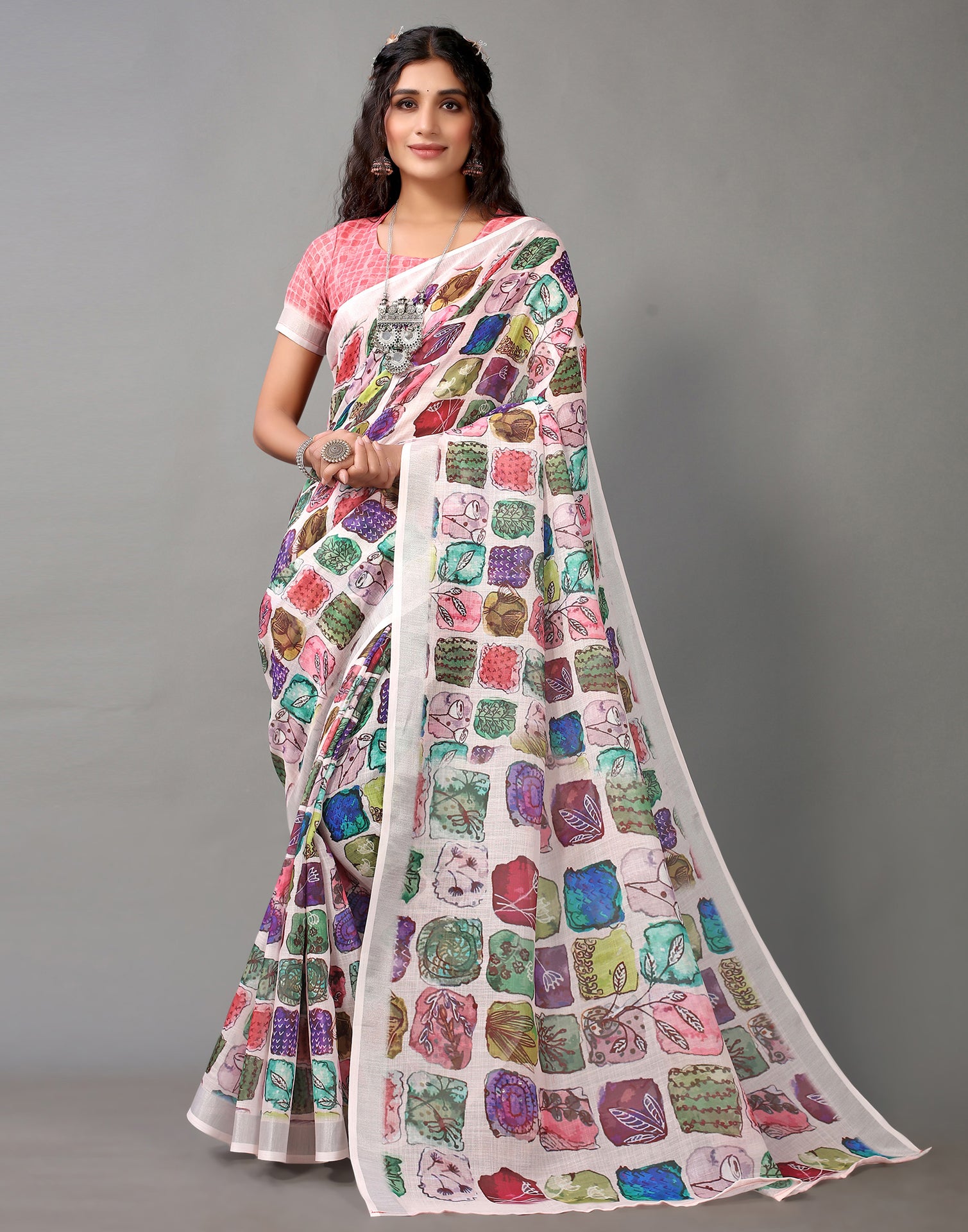 Pastel Multi-coloured Linen Saree main image 0
