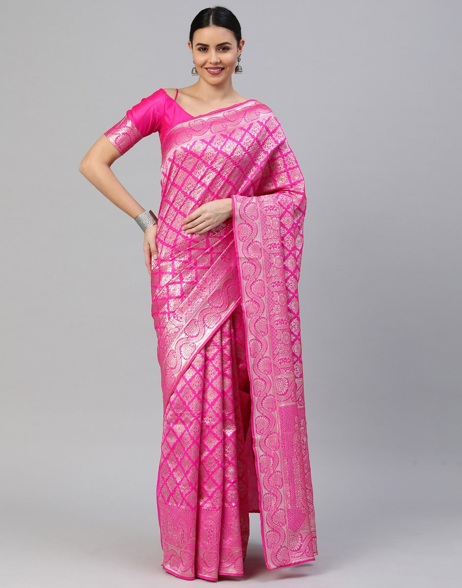 Pink And Silver Kanjivaram Silk Saree | Leemboodi
