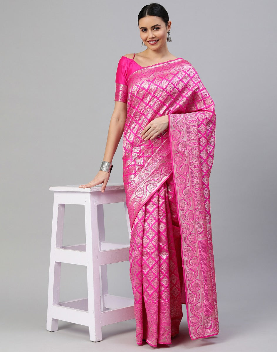 Pink And Silver Kanjivaram Silk Saree | Leemboodi