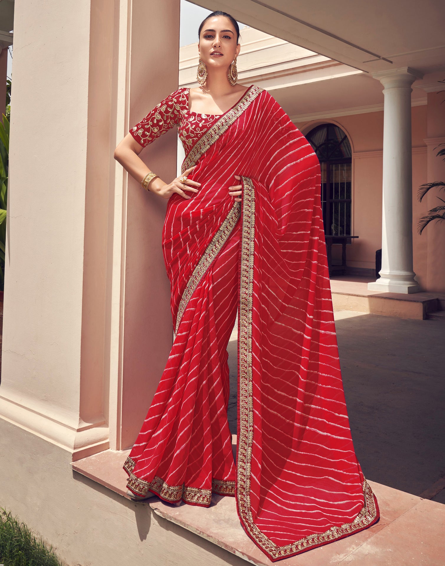 Red Georgette Saree With Embroidered Heavy Blouse 3064SR09