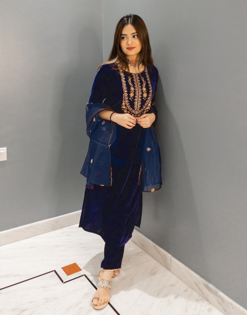 Navy Blue Cotton Embroidery Kurta Pant Set with Dupatta