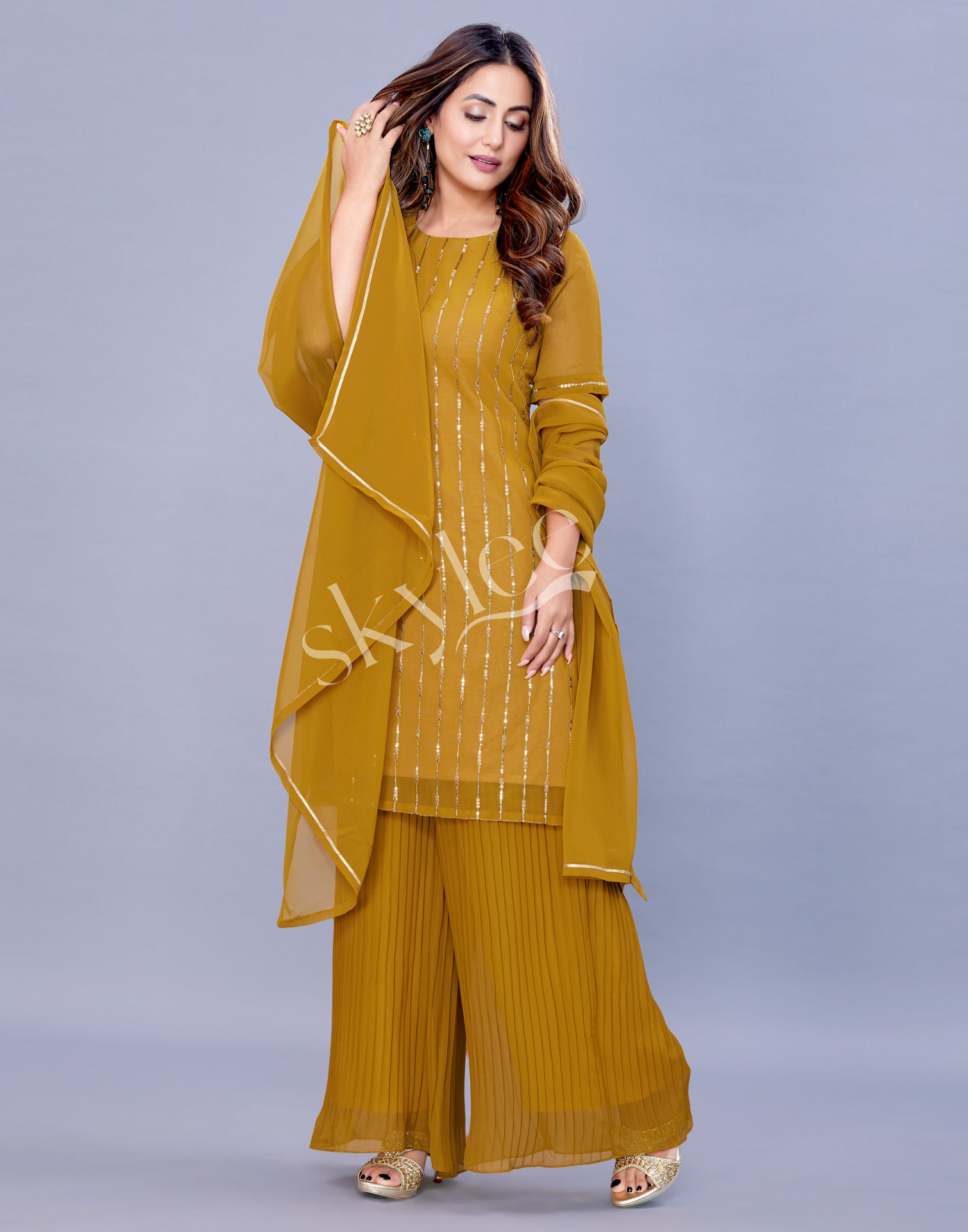 Mustard Color Neck Design Musline Top [T.L46] And Parallel Pant [P.H 38] With Banarasi Dupatta