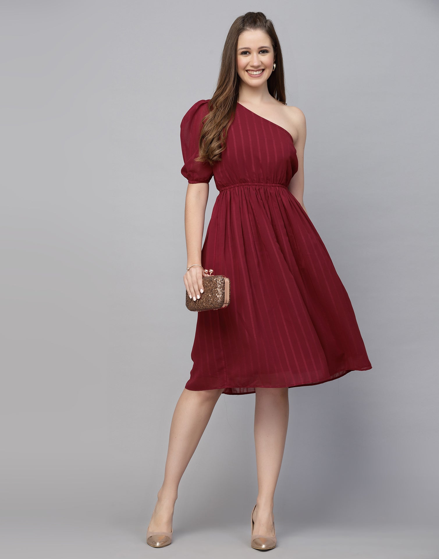 short red chiffon one shoulder dress