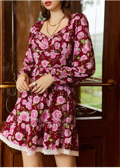 Maroon Pink Printed Flared Dress