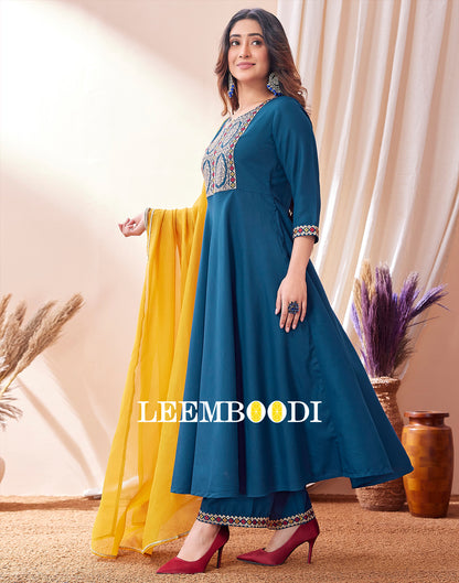 Teal Blue Embroidered Kurta With Pant And Dupatta