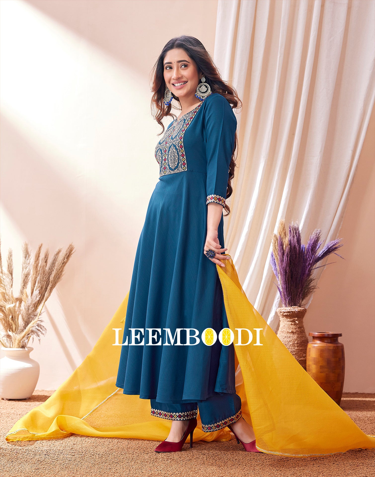 Teal Blue Embroidered Kurta With Pant And Dupatta