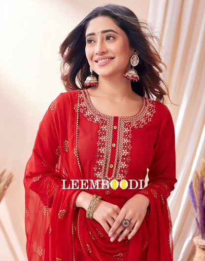 Red Embroidered Kurti With Pant And Dupatta