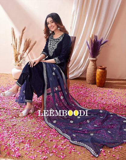 Blue Embroidered Kurti With Pant And Dupatta