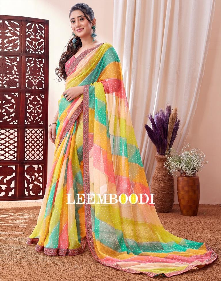 Multicolor printed chiffon saree with blouse - Triveni - 4151677