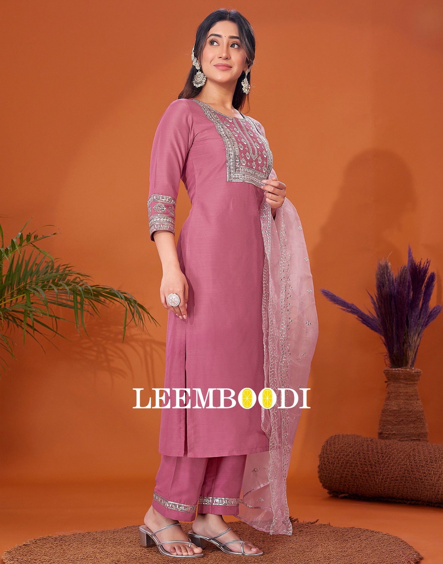 Dusty Pink Embroidered Kurta With Pant And Dupatta