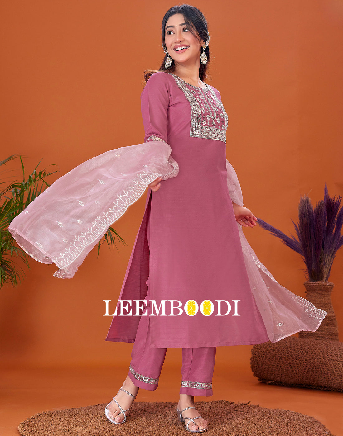 Dusty Pink Embroidered Kurta With Pant And Dupatta