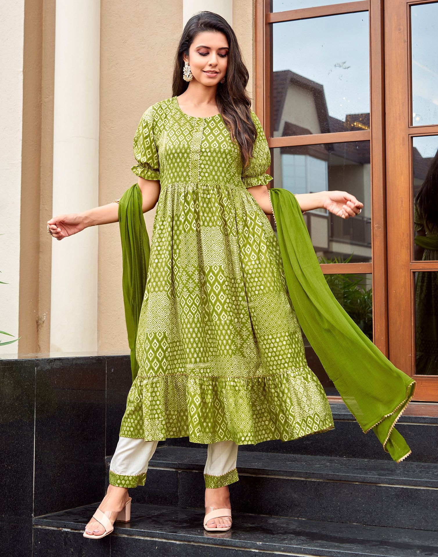Mehndi Green Printed Rayon A-Line Kurta With Pant And Dupatta – Leemboodi