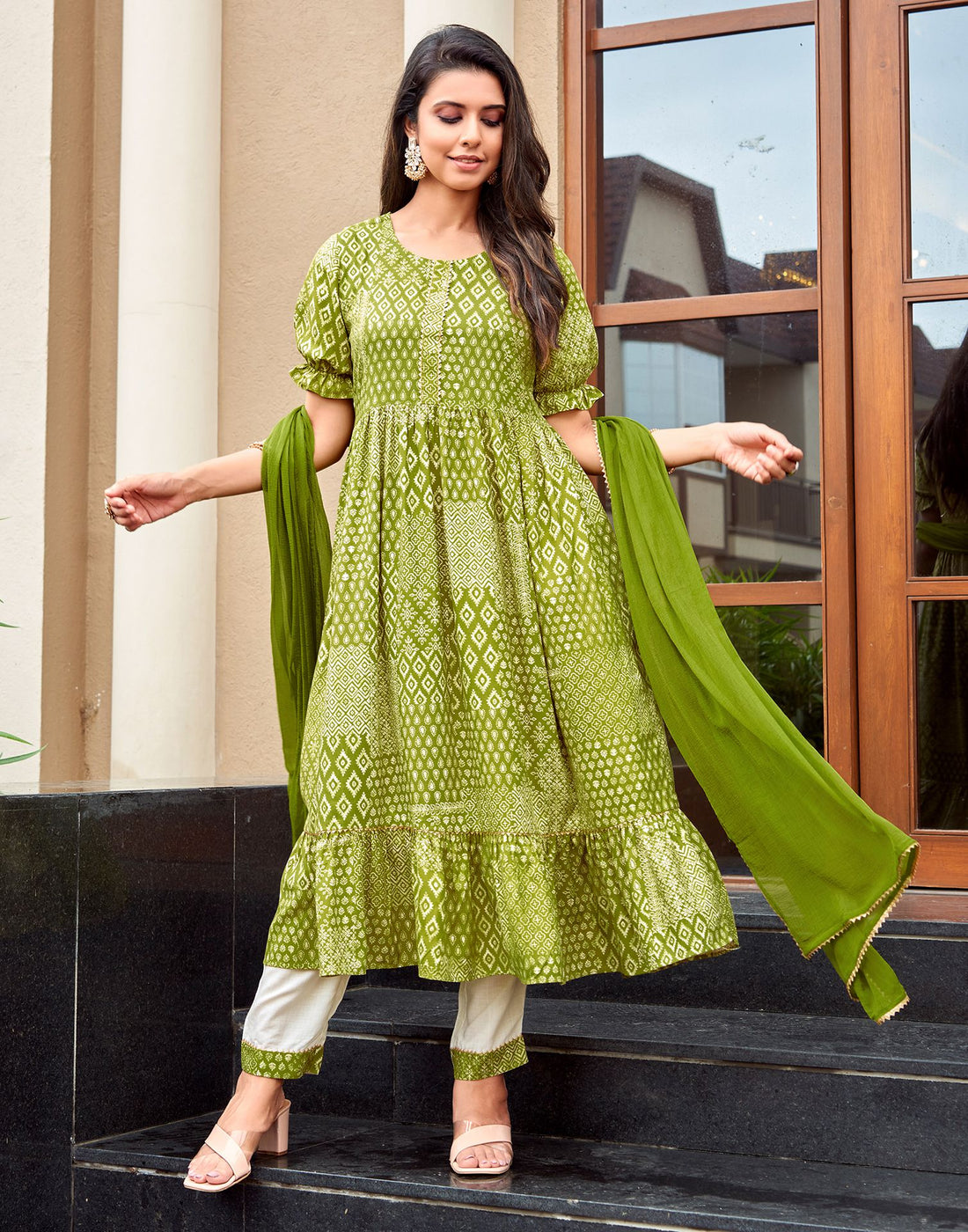 Mehndi Green Printed Rayon A-Line Kurta With Pant And Dupatta
