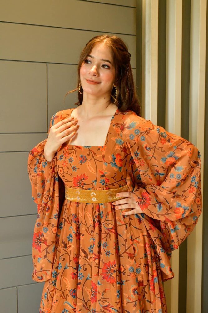 Orange Printed Georgette Ethnic Dress