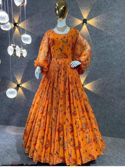 Orange Printed Georgette Ethnic Dress