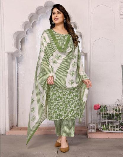 Green Printed Cotton Straight Kurta With Pant And Dupatta