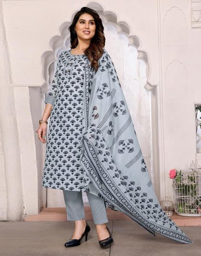 Light Grey Printed Cotton Straight Kurta Set with Dupatta