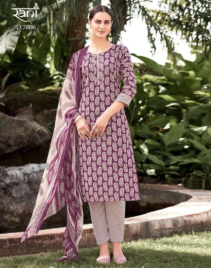 Purple Printed Cotton Straight kurta With Pant And Dupatta