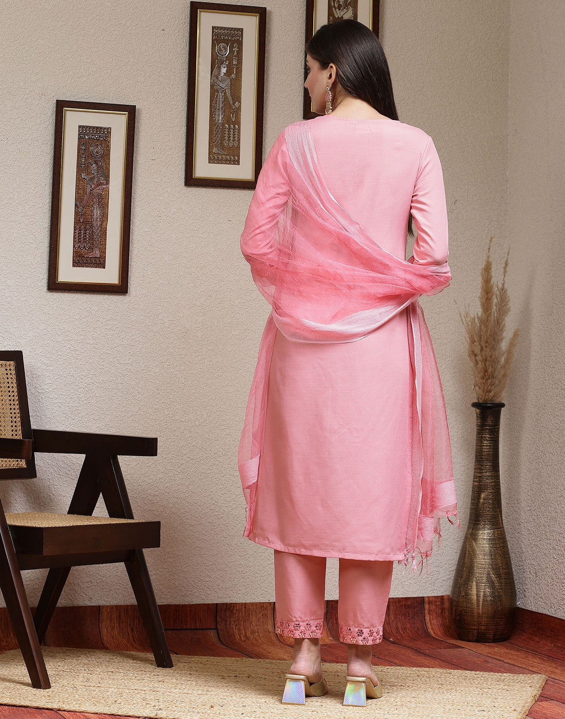 Pink Embroidery Cotton Straight Kurta With Pant And Dupatta