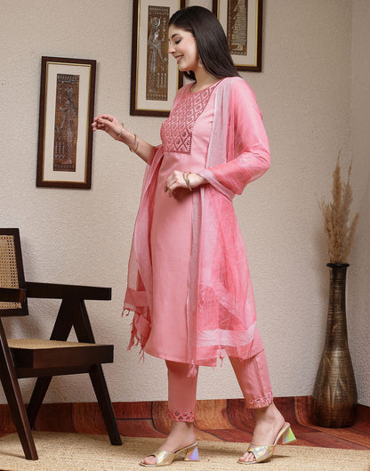 Pink Embroidery Cotton Straight Kurta With Pant And Dupatta