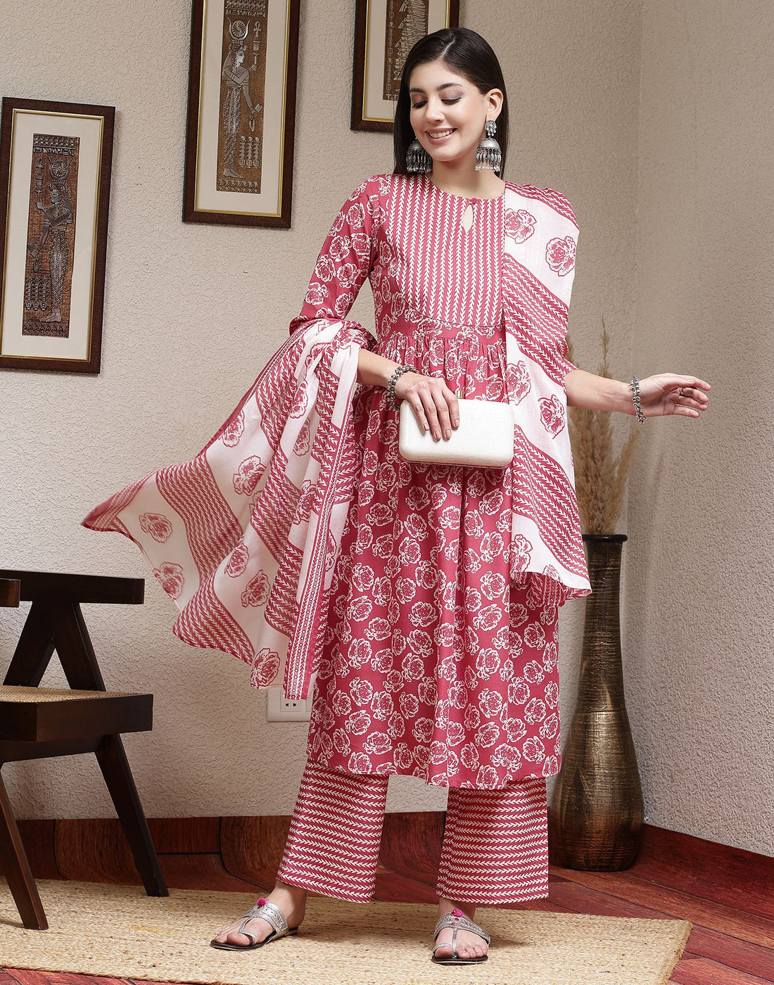 Pink Printed Cotton A-Line Kurta With Pant And Dupatta
