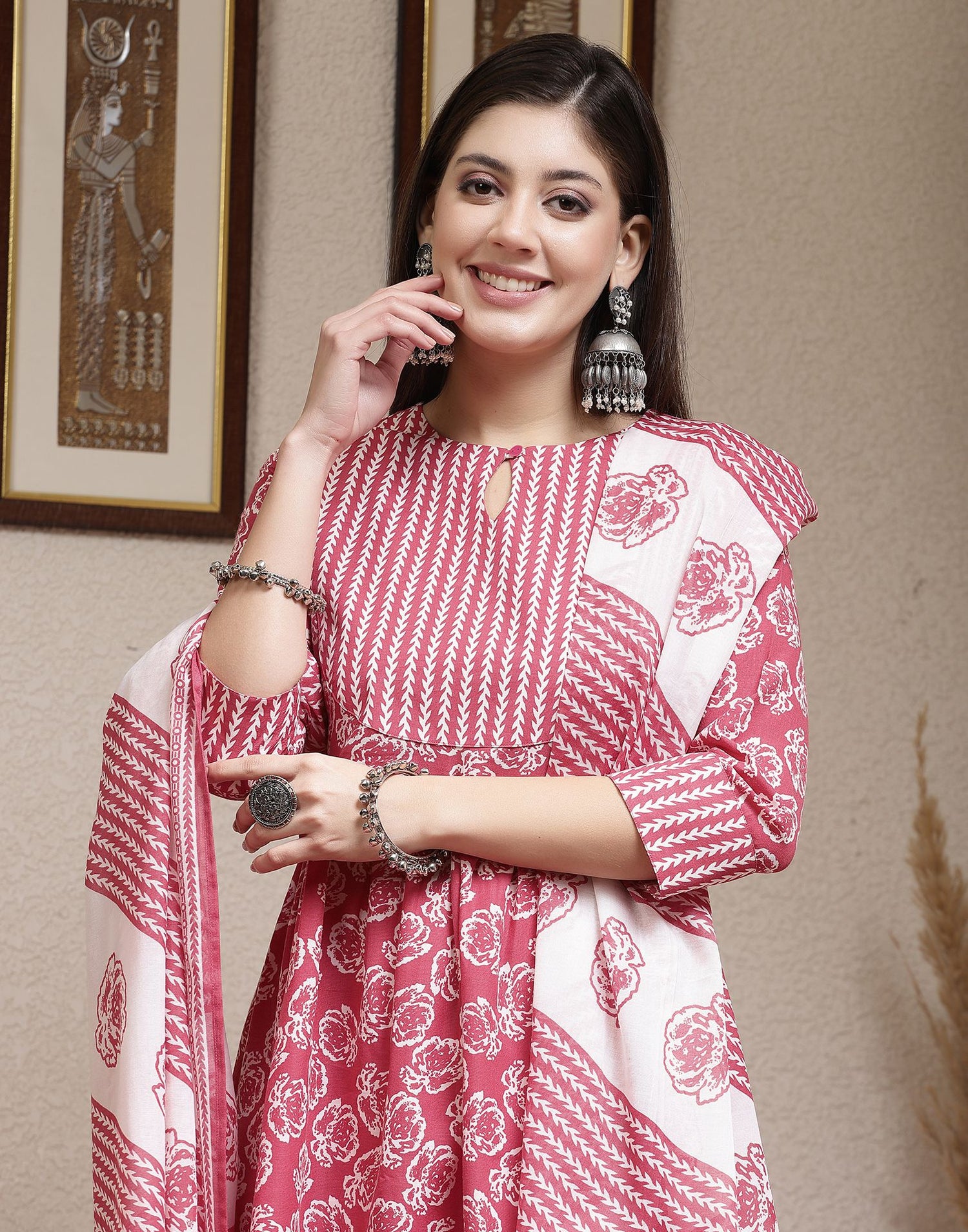 Pink Printed Cotton A-Line Kurta With Pant And Dupatta