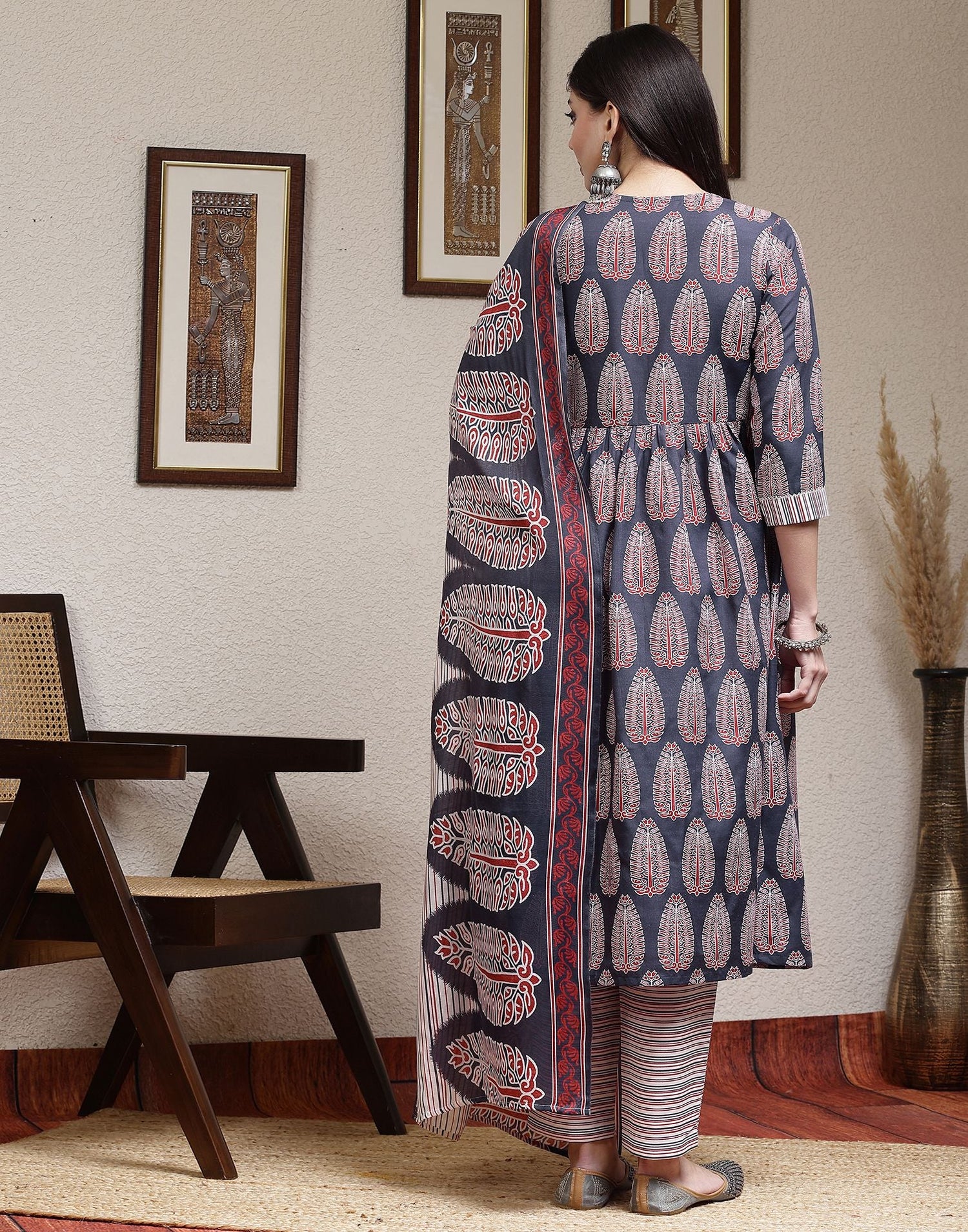 Blue Plain Cotton A-Line Kurta With Pant And Dupatta