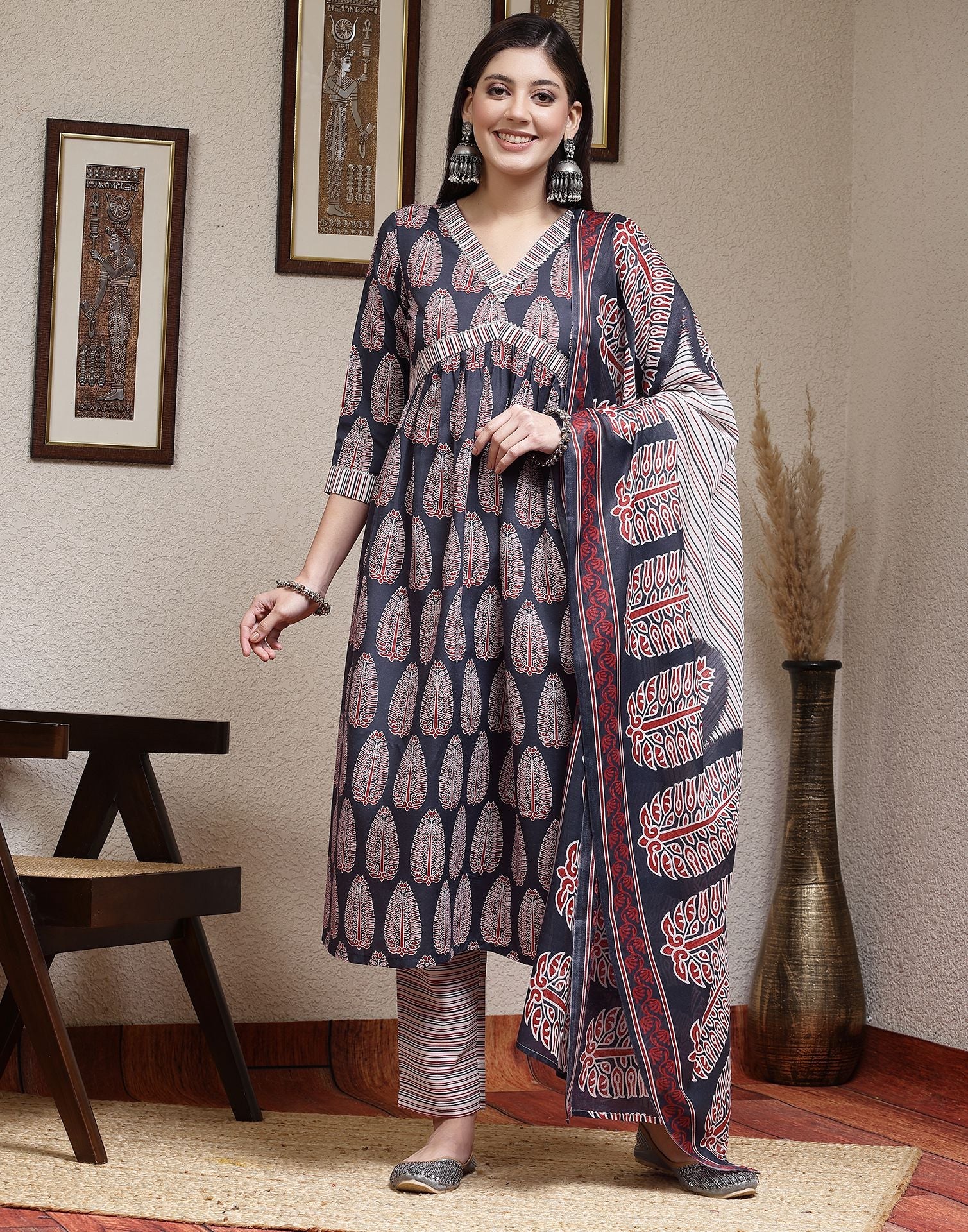 Blue Plain Cotton A-Line Kurta With Pant And Dupatta