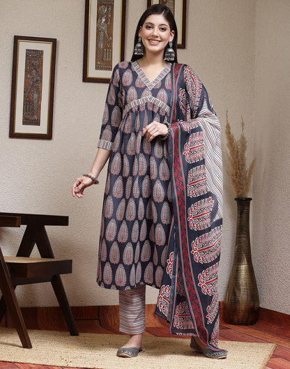 Blue Plain Cotton A-Line Kurta With Pant And Dupatta