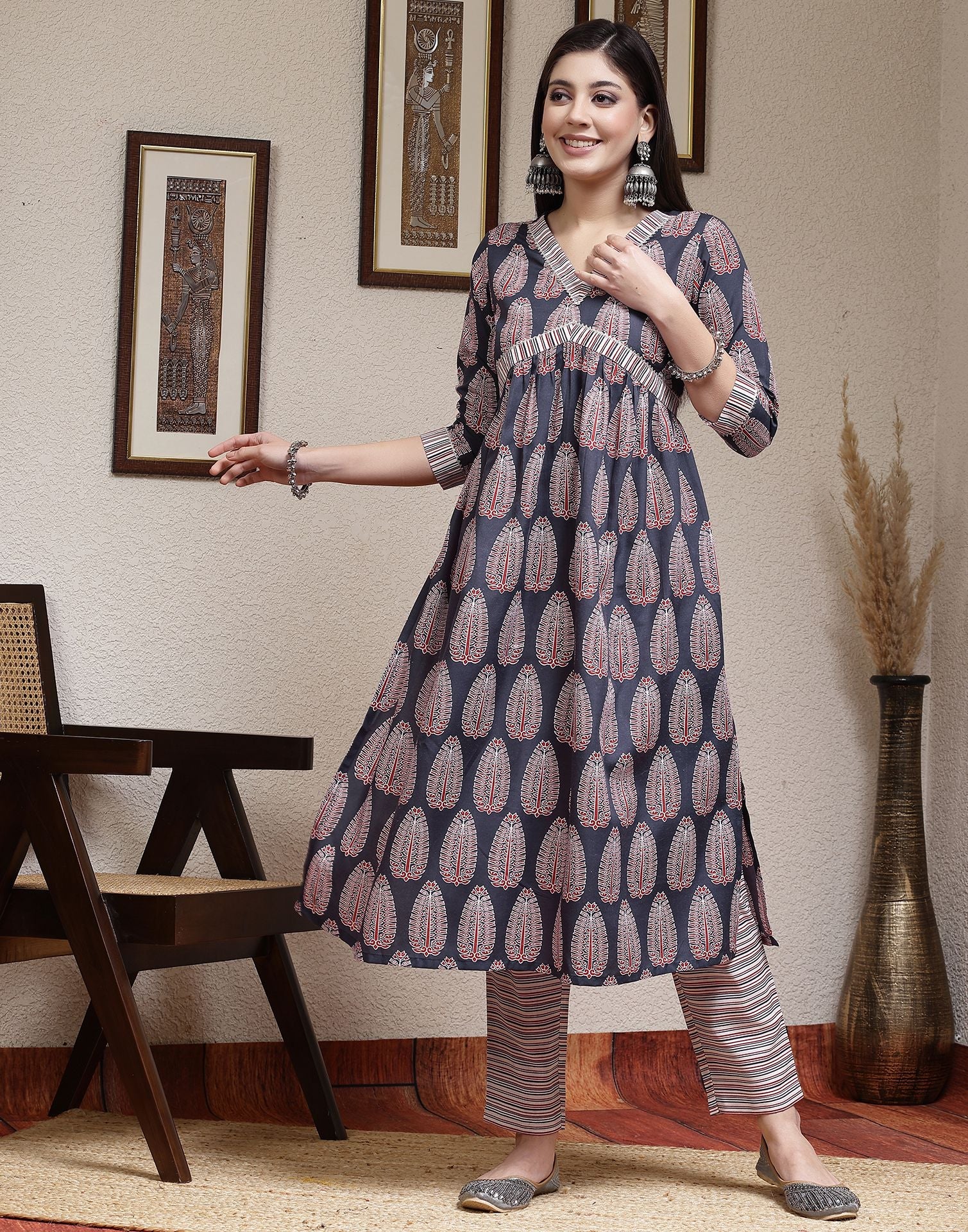 Blue Plain Cotton A-Line Kurta With Pant And Dupatta