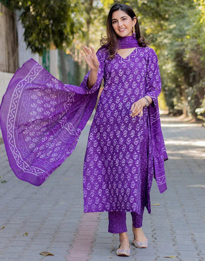 Purple Printed Rayon Straight Kurta Set With Dupatta