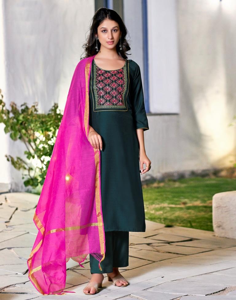 Rama Green Plain Chinnon Straight Kurta Set with Dupatta