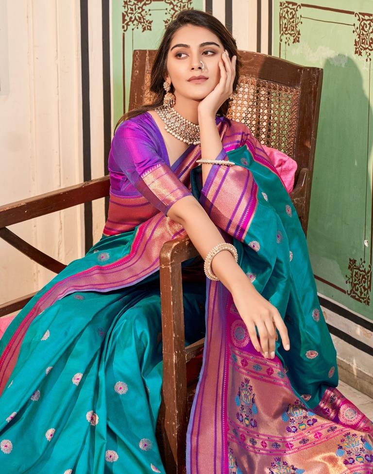 Turquoise Jacquard Paithani Silk Saree