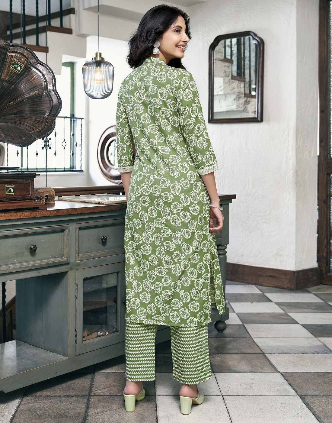 Pista Green Printed Cotton Straight Kurta Set With Dupatta